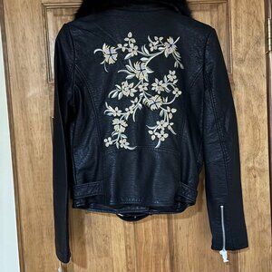 Driftwood Black Vegan Moto Jacket with Floral Embroidery NWT